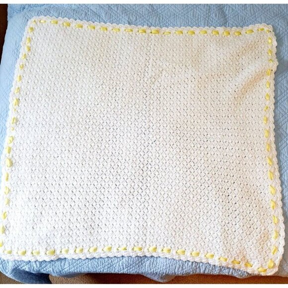 Hand Crocheted Pearlized White Baby Blanket Yellow Ribbon Trim - Picture 3 of 5